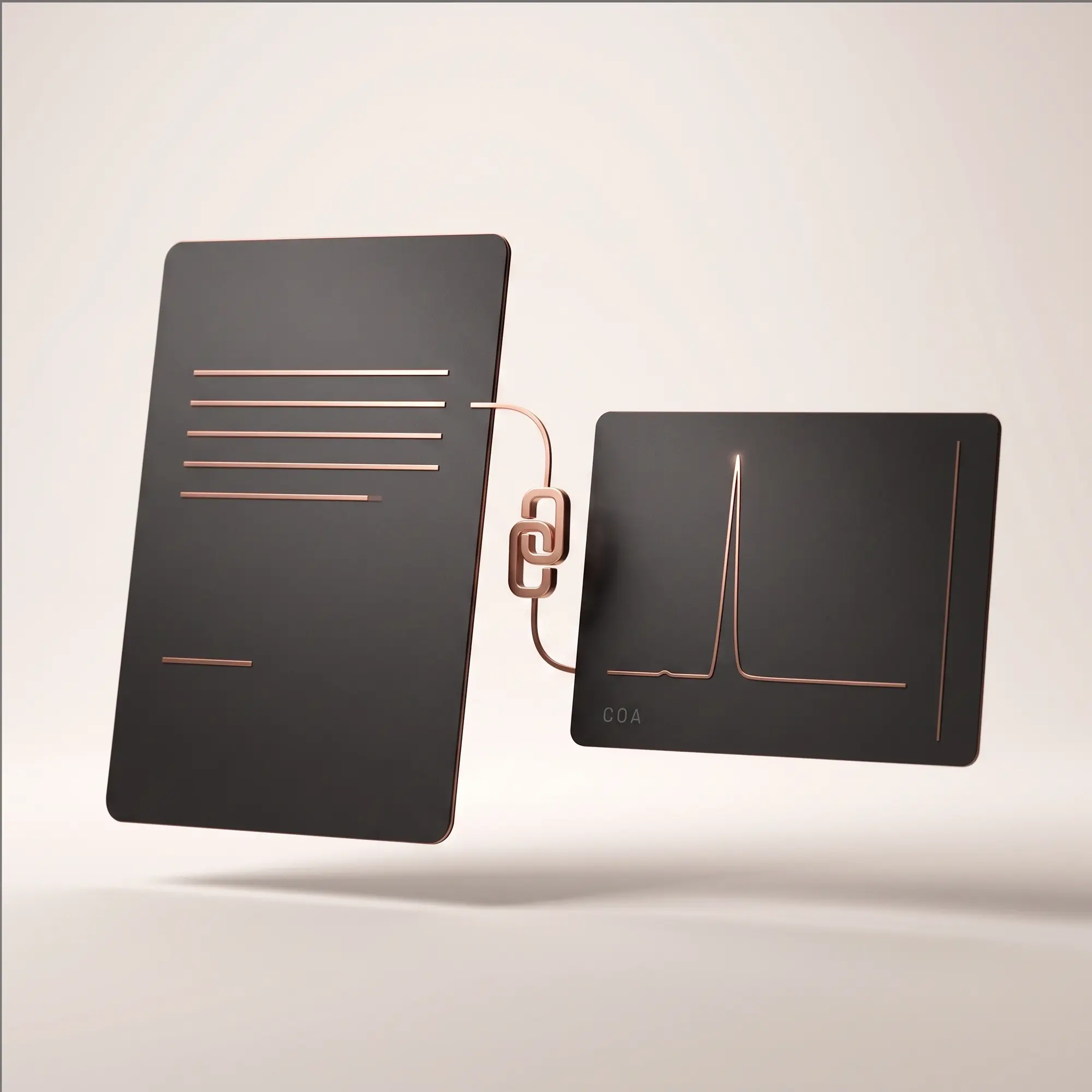 Two dark cards joined by a copper link — a ruled certificate beside its chromatogram