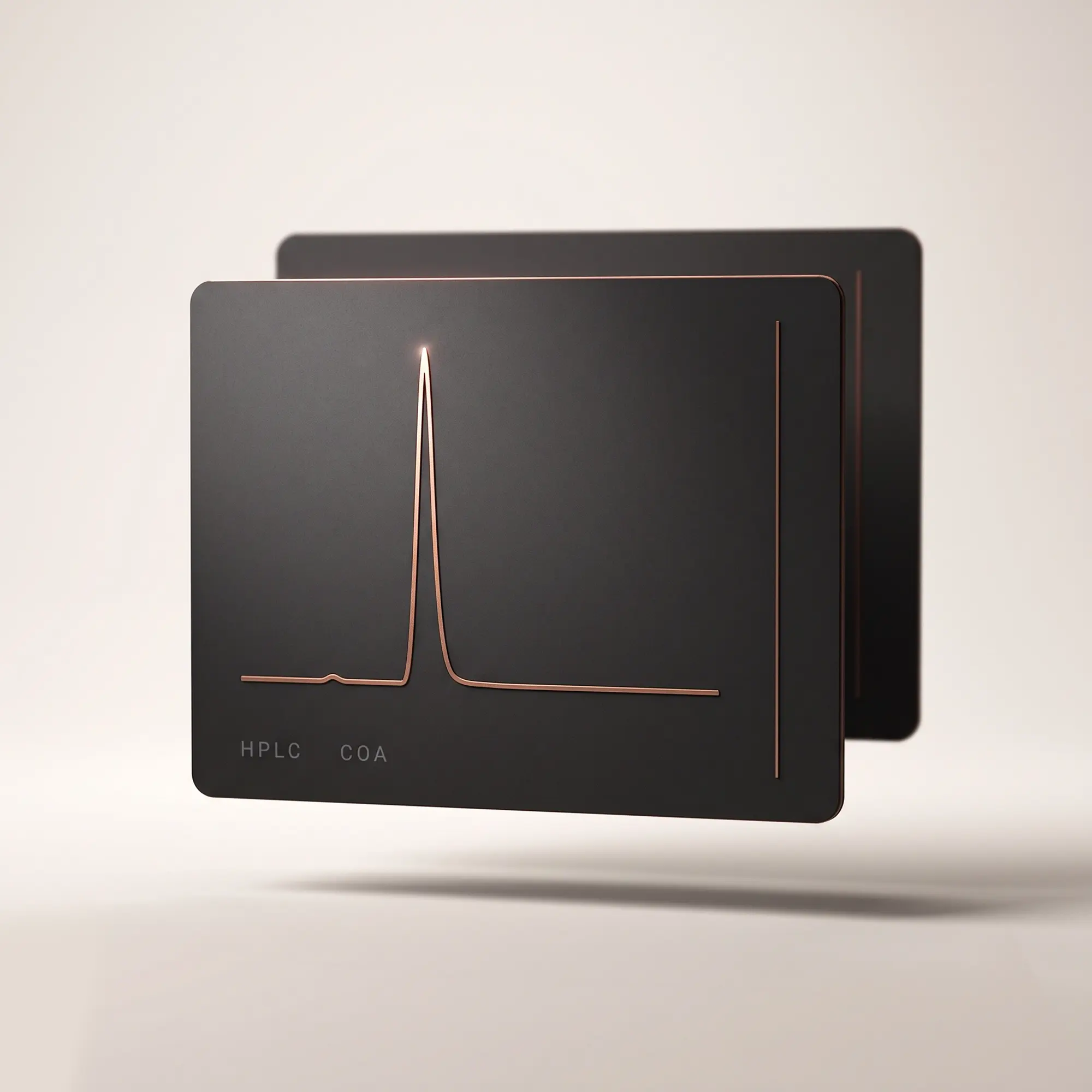 A dark card carrying a single copper HPLC chromatogram peak, marked HPLC and COA