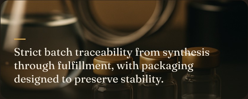 Sealed amber vials beside a round flask — strict batch traceability from synthesis through fulfillment, with packaging designed to preserve stability.