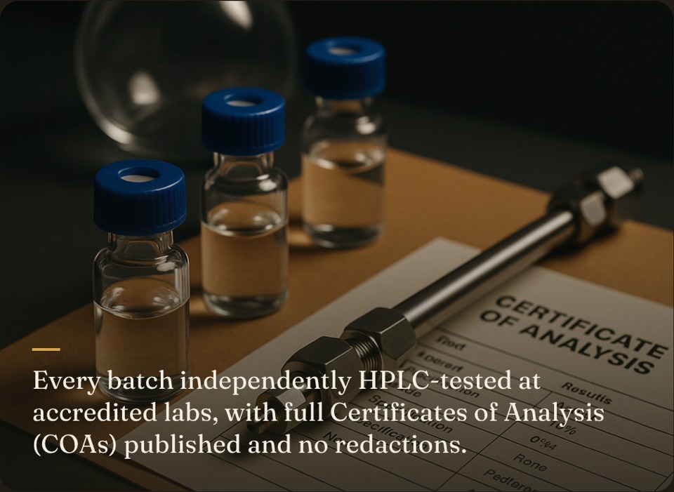 Vials and an HPLC column resting on a Certificate of Analysis — every batch independently HPLC-tested at accredited labs, with full COAs published and no redactions.